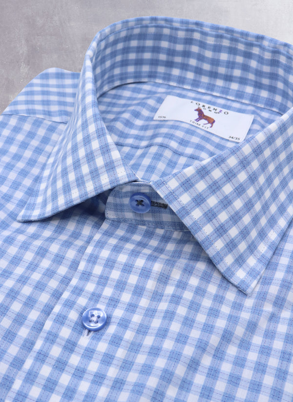 Collar Detail of Alexander in Dusty Blue Check Shirt with Contrast Button Holes and Tread 
