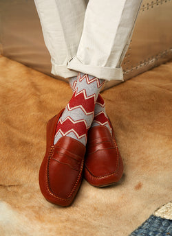 Aztec Zig Zag Sock in Brown with brown leather loafers