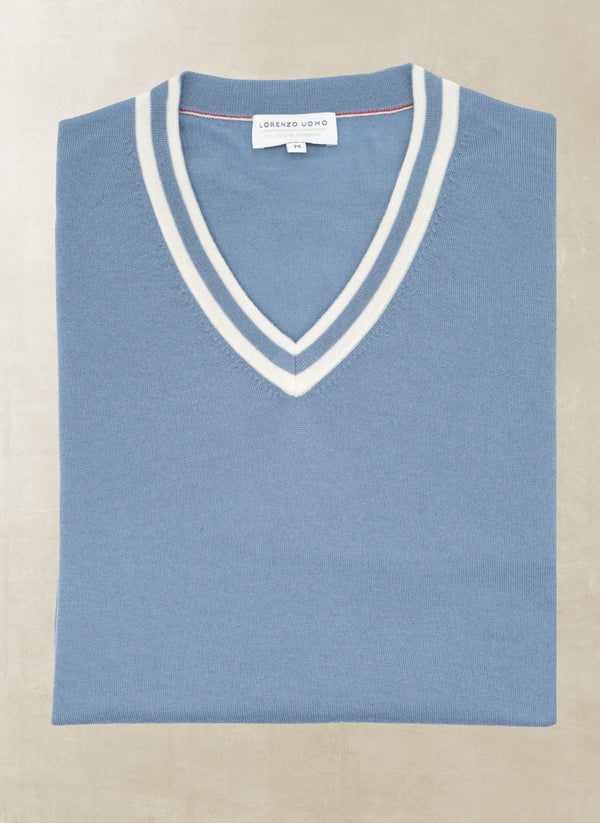 Men's Dolce Vita Double Stripe V-Neck Ultrafine Merino Wool Sweater in Blue