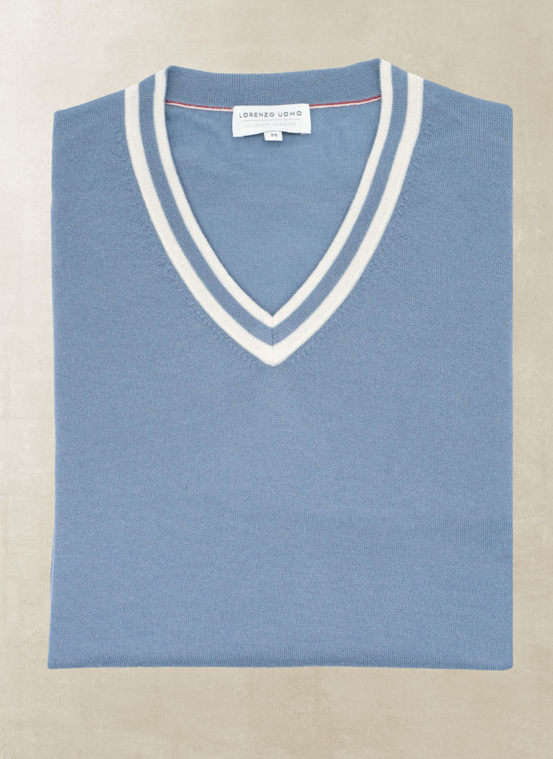 Men's Dolce Vita Double Stripe V-Neck Ultrafine Merino Wool Sweater in Blue