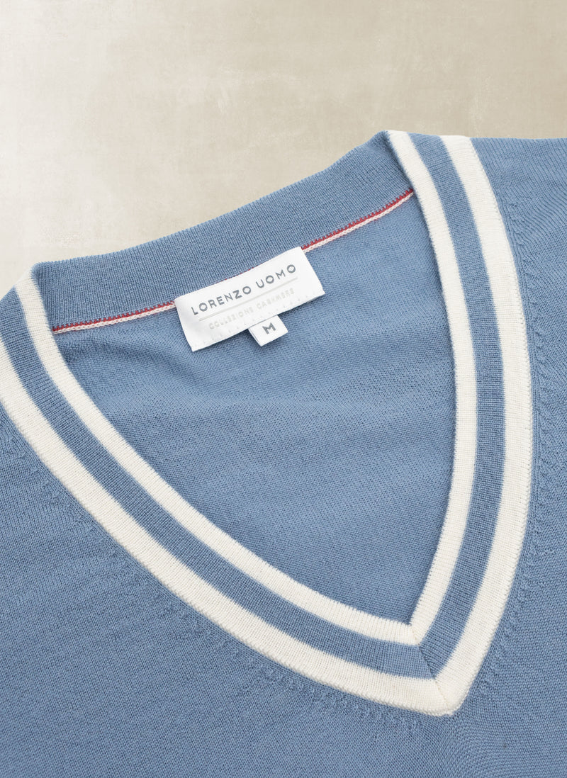 Men's Dolce Vita Double Stripe V-Neck Ultrafine Merino Wool Sweater in Blue