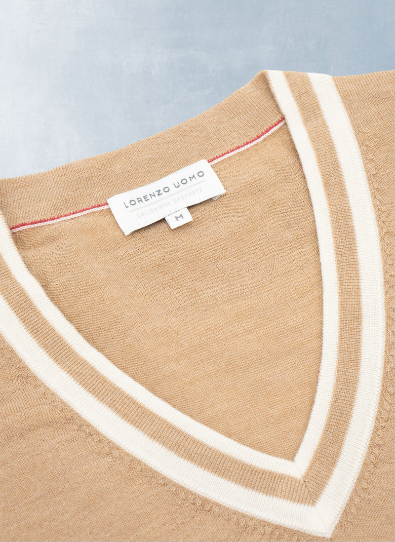 Men's Dolce Vita Double Stripe V-Neck Ultrafine Merino Wool Sweater in Taupe