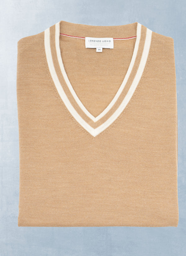 Men's Dolce Vita Double Stripe V-Neck Ultrafine Merino Wool Sweater in Taupe