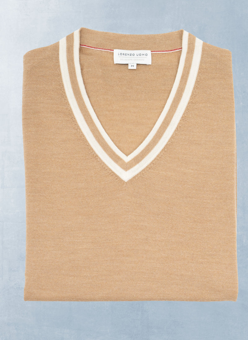 Men's Dolce Vita Double Stripe V-Neck Ultrafine Merino Wool Sweater in Taupe