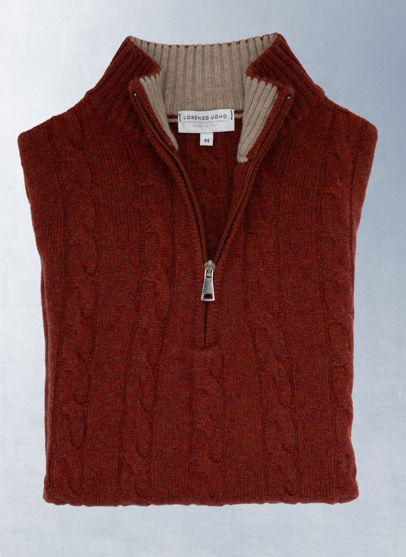 Men's Chanteclair Italian Extra Fine Merino Wool Quarter Zip Cable Sweater in Cinna
