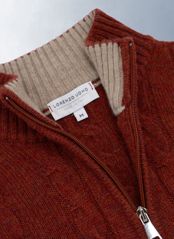 Men's Chanteclair Italian Extra Fine Merino Wool Quarter Zip Cable Sweater in Cinna