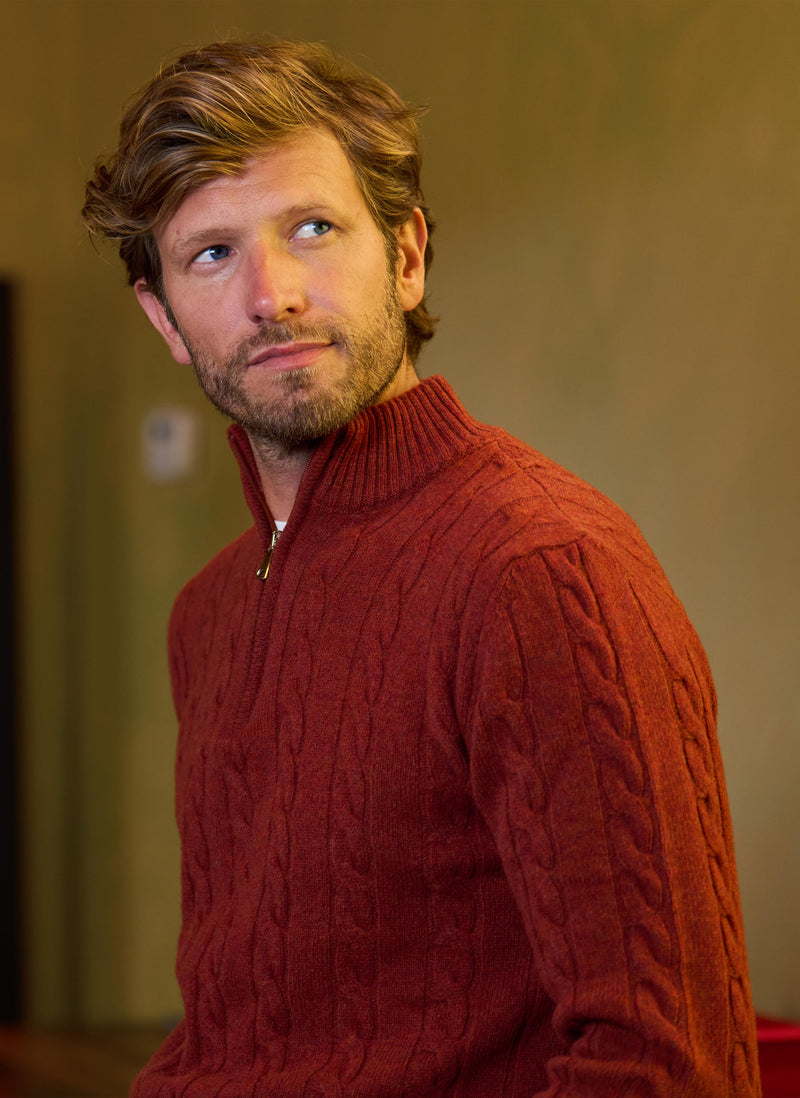 Men's Chanteclair Italian Extra Fine Merino Wool Quarter Zip Cable Sweater in Cinna