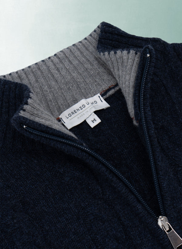 Men's Chanteclair Italian Extra Fine Merino Wool Quarter Zip Cable Sweater in Navy