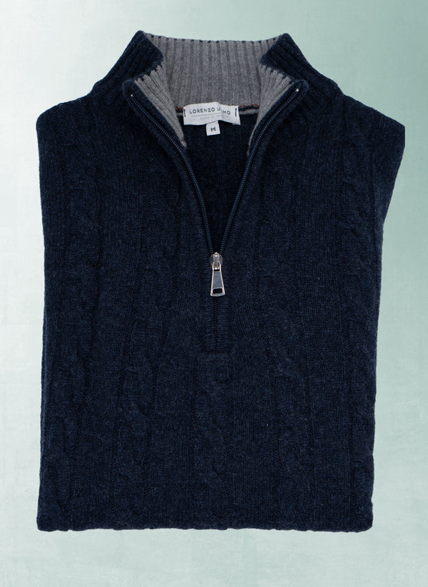 Men's Chanteclair Italian Extra Fine Merino Wool Quarter Zip Cable Sweater in Navy