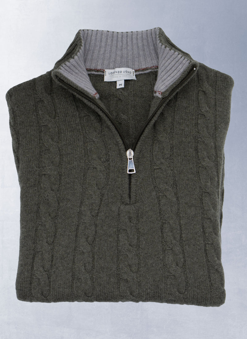 Men's Chanteclair Italian Extra Fine Merino Wool Quarter Zip Cable Sweater in Olive