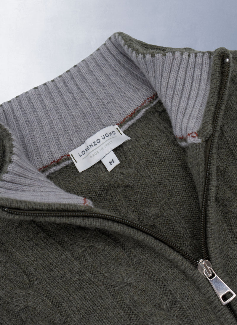 Men's Chanteclair Italian Extra Fine Merino Wool Quarter Zip Cable Sweater in Olive
