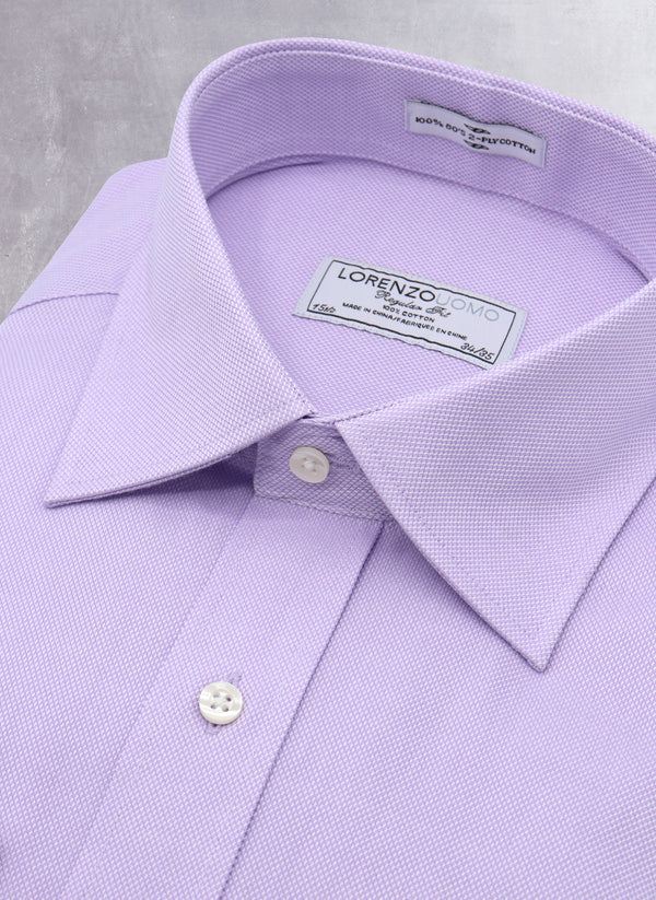 Collar detail of William Fullest Fit Shirt in Solid Purple Oxford with White Buttons