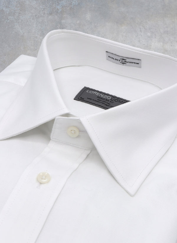 collar detail of solid white twill dress shirt