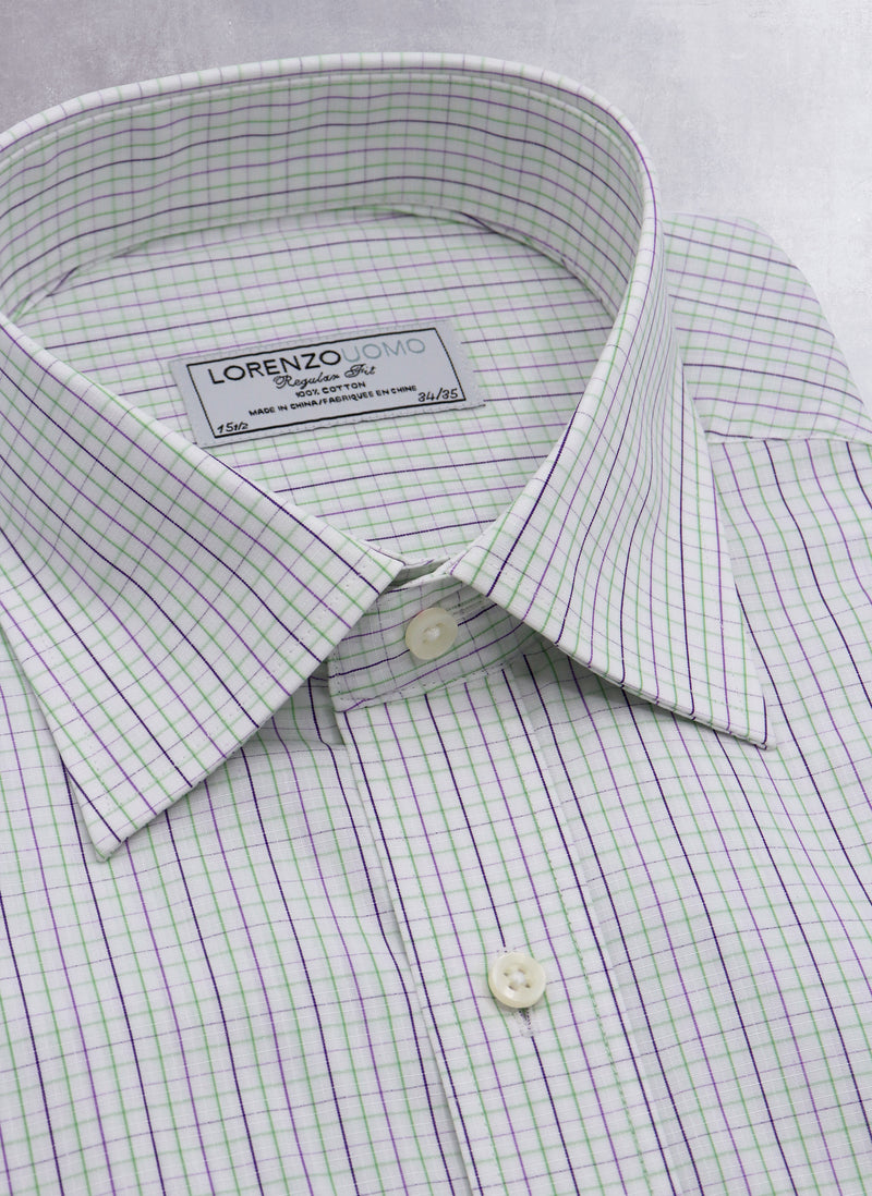 Collar Detail of William Fullest Fit Shirt in Purple and Green Check 