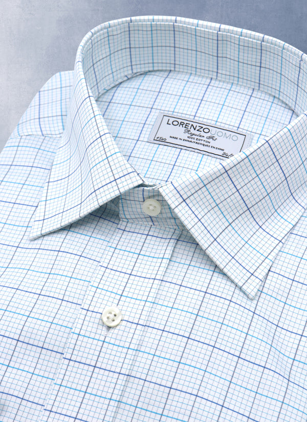Collar detail of William Fullest Fit Shirt in White, Light Blue and Teal Check