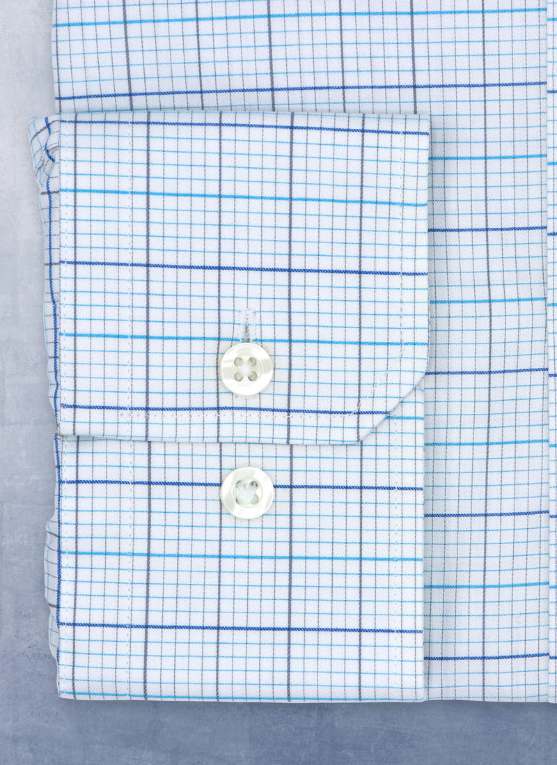 Cuff detail of William Fullest Fit Shirt in White, Light Blue and Teal Check