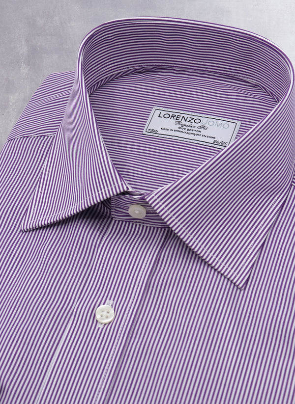 Collar detail of William Fullest Fit Shirt in Purple and White Thin Stripes with white buttons