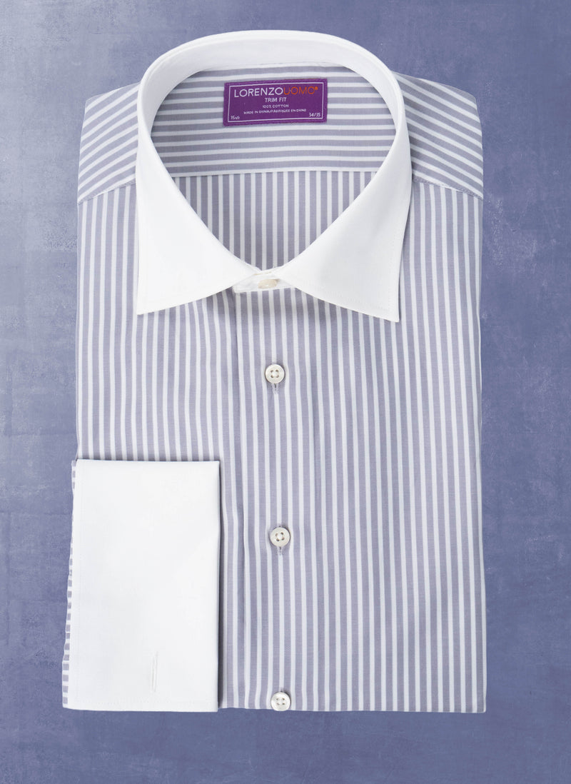 Maxwell in Grey and White Stripe Shirt in White Collar & French Cuff