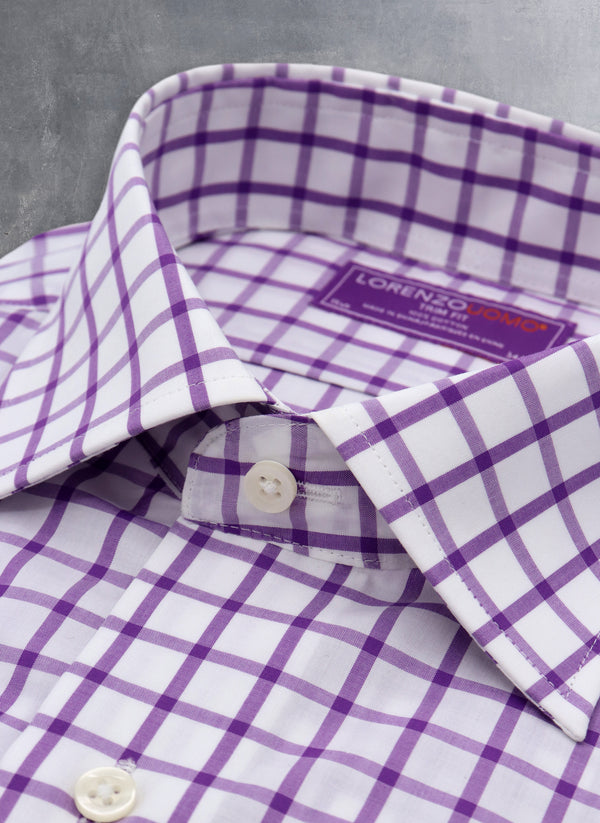 collar detail of purple check shirt with white buttons