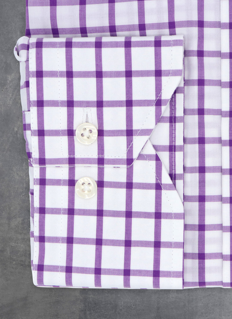cuff image of purple check shirt with white buttons