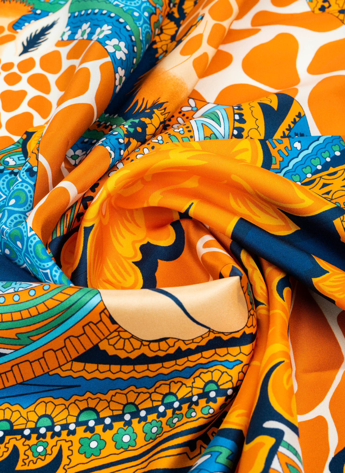 Women's Josephine 100% Silk Giraffe Carré Scarf in Blue and Orange
