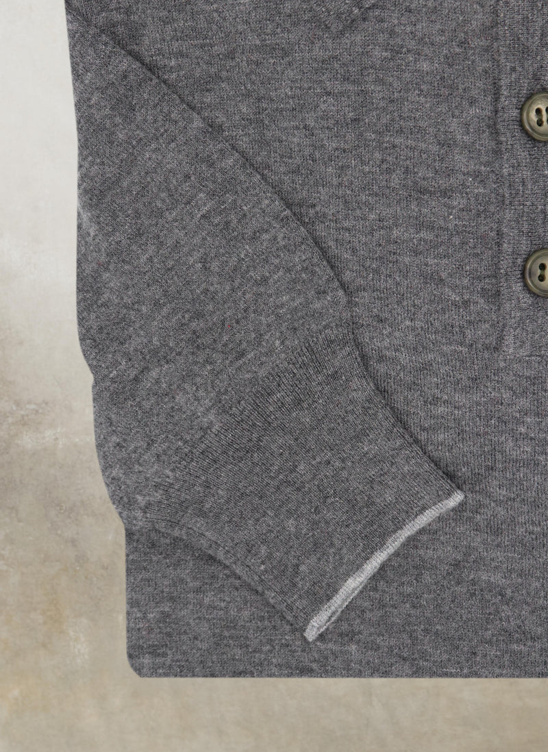 Cuff detail of Men's Carrara Long Sleeve Cashmere Polo Shirt in Charcoal with thin contrasting stripe at cuff