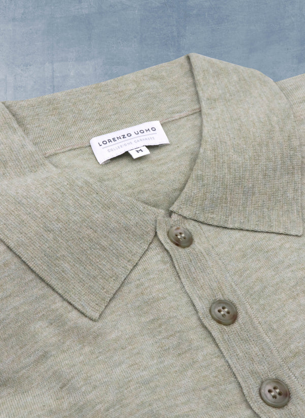Collar Detail of Men's Carrara Long Sleeve Cashmere Polo Shirt in Laurel Green 