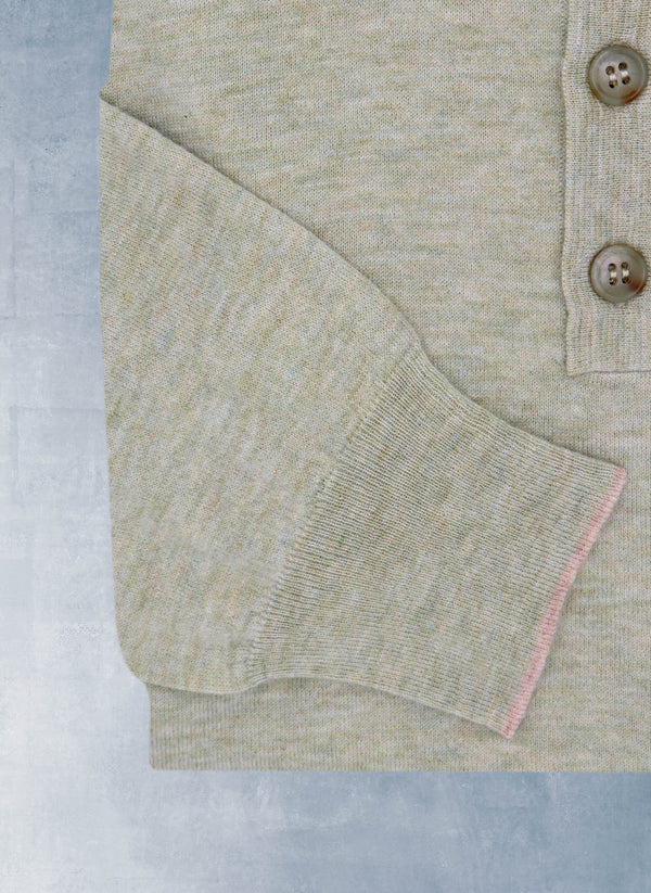 Collar Detail fo Men's Carrara Long Sleeve Cashmere Polo Shirt in Laurel Green with contrasting at the tip of cuff
