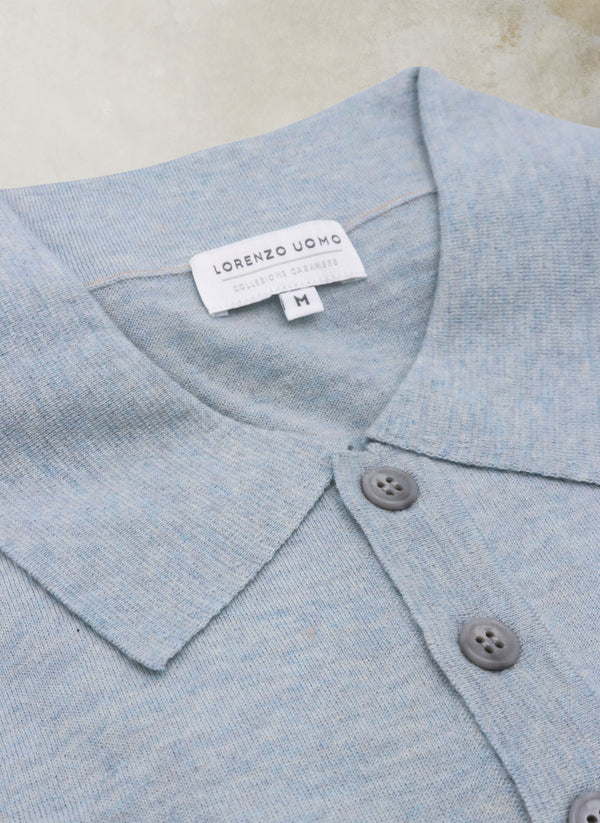 Collar detail of Men's Carrara Long Sleeve Cashmere Polo Shirt in Light Blue