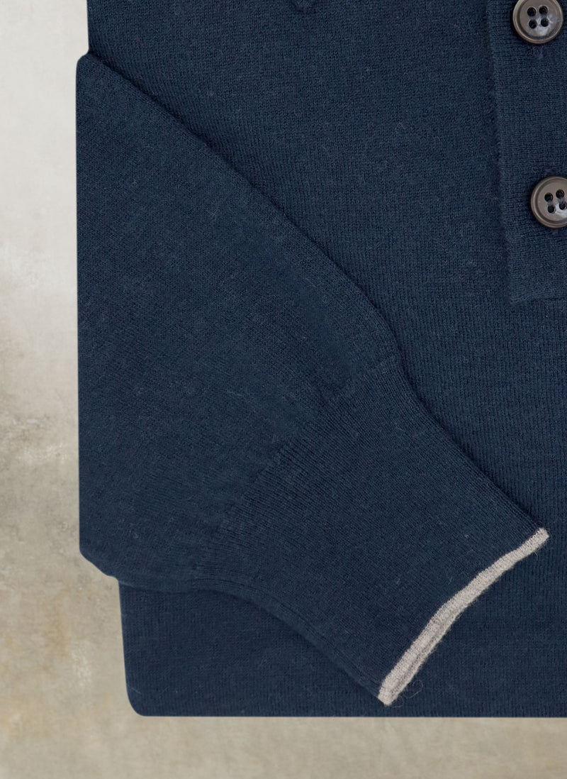Cuff detail of Men's Carrara Long Sleeve Cashmere Polo Shirt in Navy with thin contrasting at end of cuff