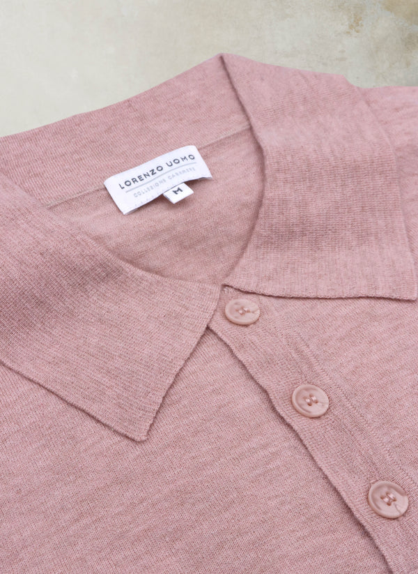 Collar Detail Men's Carrara Long Sleeve Cashmere Polo Shirt in Light Pink