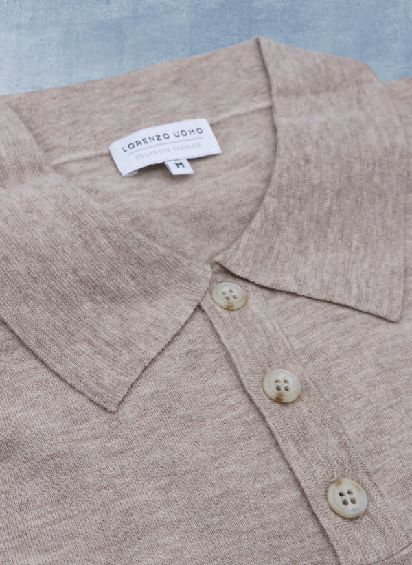 Collar detail of Men's Carrara Long Sleeve Cashmere Polo Shirt in Light Taupe