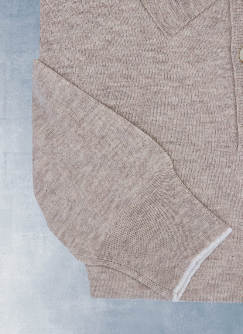 cuff detail of Men's Carrara Long Sleeve Cashmere Polo Shirt in Light Taupe with thin contrasting at end of cuff