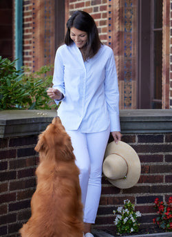Women's Modern Fit Dress Shirt in Light Blue Stripe With Dog and Hat