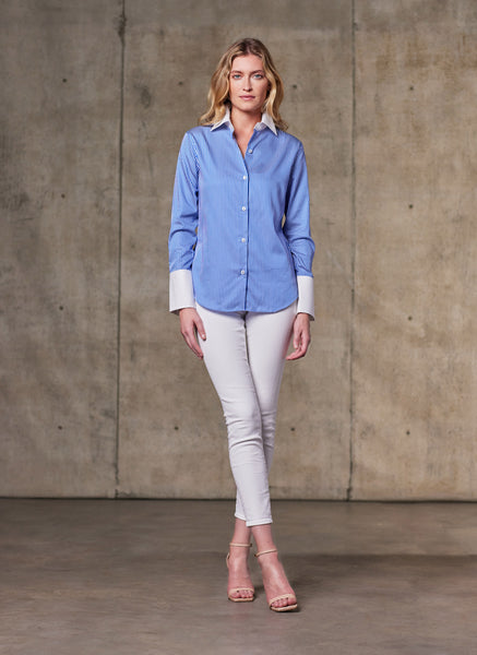 Women's Modern Fit Dress Shirt in Blue Stripe, XL