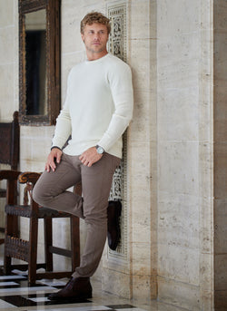 Men's Tollegno Merino Wool Crew Neck Sweater in Ecru Mélange, L Men's Tollegno Merino Wool Crew Neck Sweater in Ecru Mélange, L
