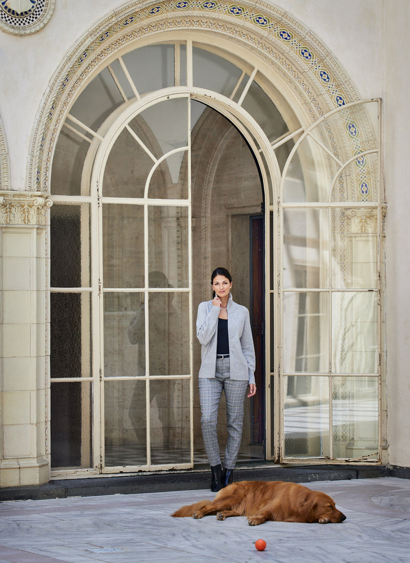 Women's Francesca Double End Zip Cashmere Cardigan Sweater in Light Grey With Dog