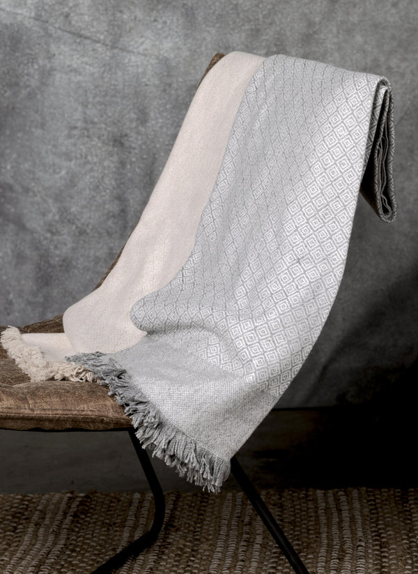 100% Cashmere Prato Throw with Fringe in Beige and Grey laid over chair