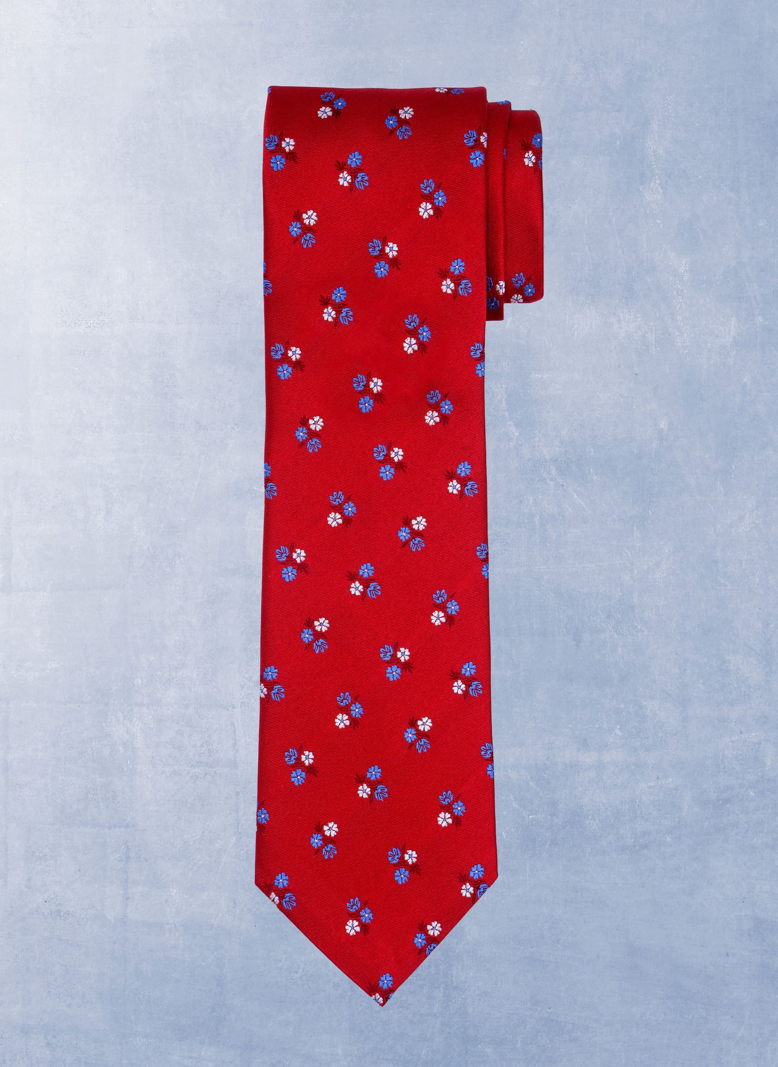 ラヴィ FC柄サテン地ネイビー&レッド Men's Italian Woven Silk Jacquard Tie in Vermilion Flower