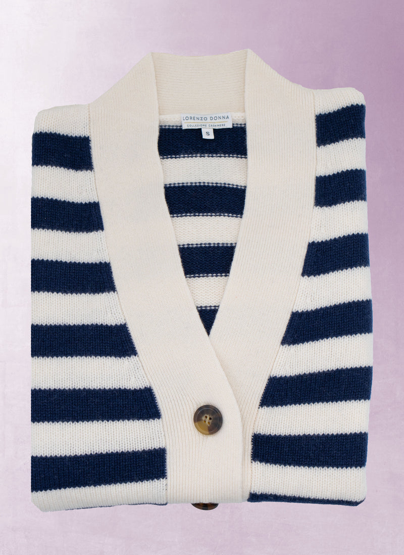 Women's Veneziana Cashmere Stripe Cardigan Sweater in Ivory