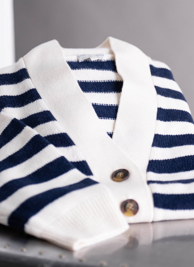 Women's Veneziana Cashmere Stripe Cardigan Sweater in Ivory
