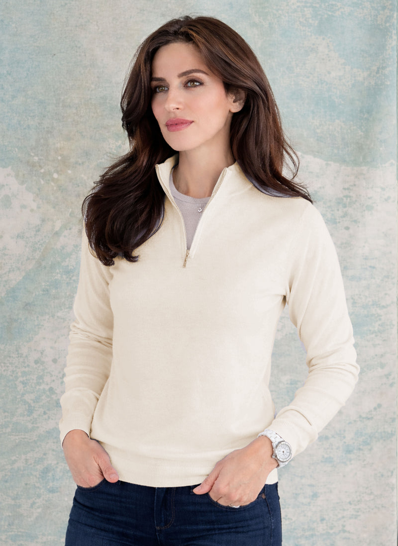 Women's Aria Lightweight Quarter Zip Cashmere Sweater in Ivory ...