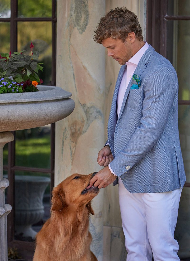 Beautiful light blue sports coat with Liam in Textured Pink Shirt and luxurious silk motif pocket square in blue while feeding a golden retriever dog. 