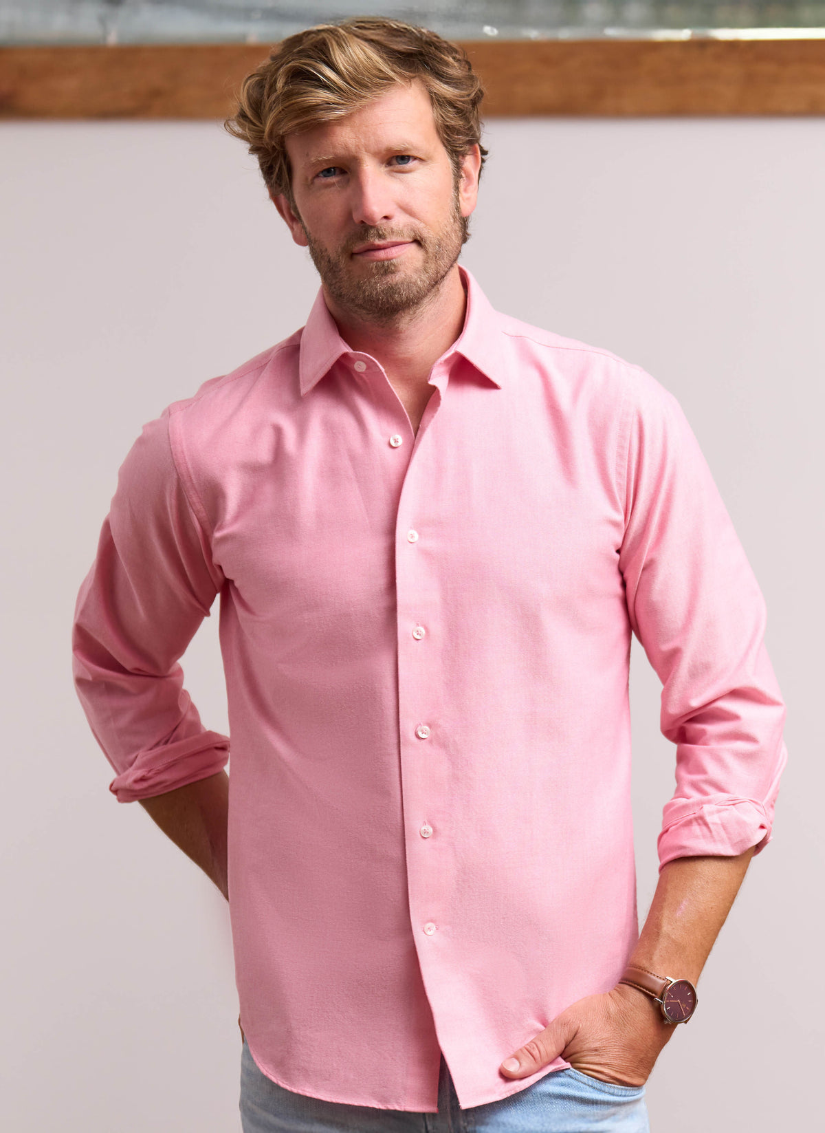 Liam in Solid Coral Red Oxford Shirt, 16.5 32/33