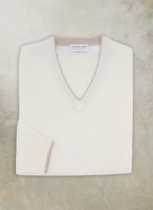Men's Melbourne Contrast V-Neck Exra-Fine Pure Merino Wool Sweater in Cream