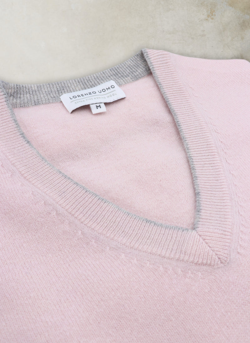 Men's Melbourne Contrast V-Neck Exra-Fine Pure Merino Wool Sweater in Pink