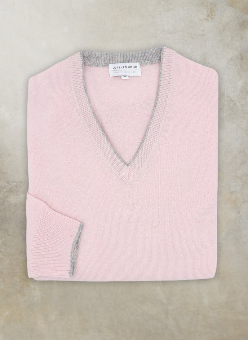 Men's Melbourne Contrast V-Neck Exra-Fine Pure Merino Wool Sweater in Pink