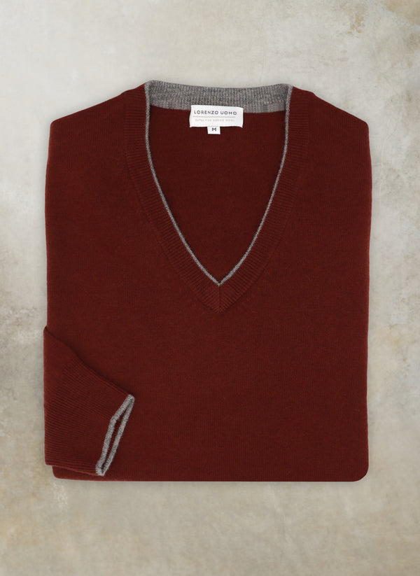 Men's Melbourne Contrast V-Neck Exra-Fine Pure Merino Wool Sweater in Rust