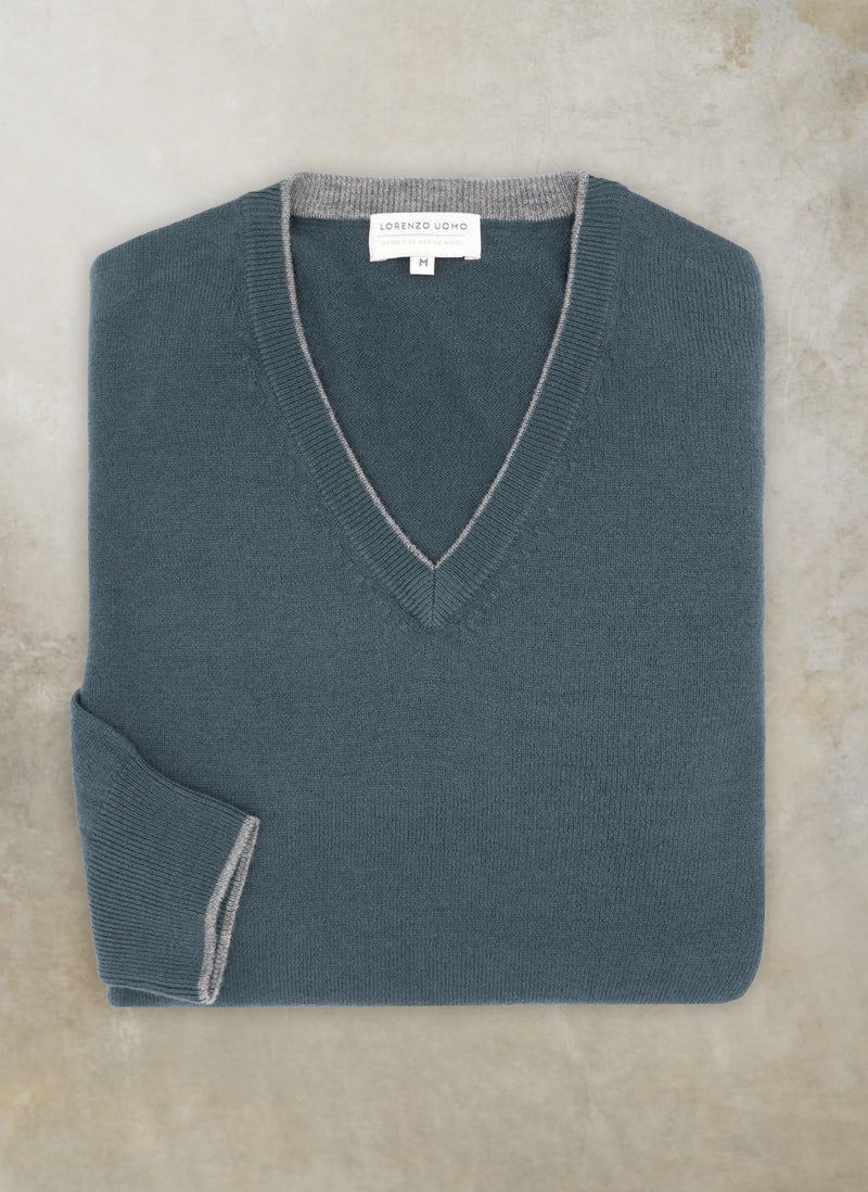 Men's Melbourne Contrast V-Neck Exra-Fine Pure Merino Wool Sweater in Teal
