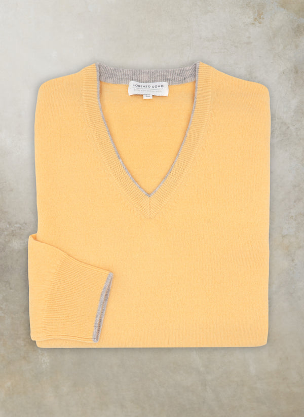 Men's Melbourne Contrast V-Neck Exra-Fine Pure Merino Wool Sweater in Yellow